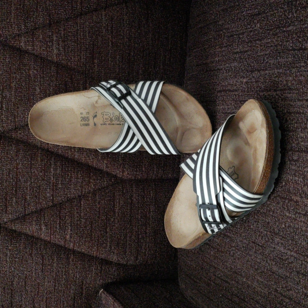 Birkenstock Black and White Striped Sandals